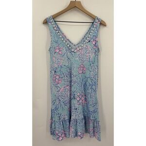 Lilly Pulitzer Dress Small Blue Pink Sleeveless Lightweight Pom Poms Ruffle